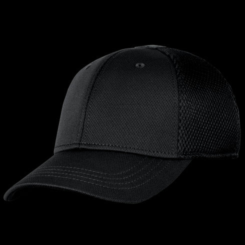 The Condor Flex Team Mesh Cap is a plain black tactical baseball cap with a curved brim and mesh back panels, shown on a white background.